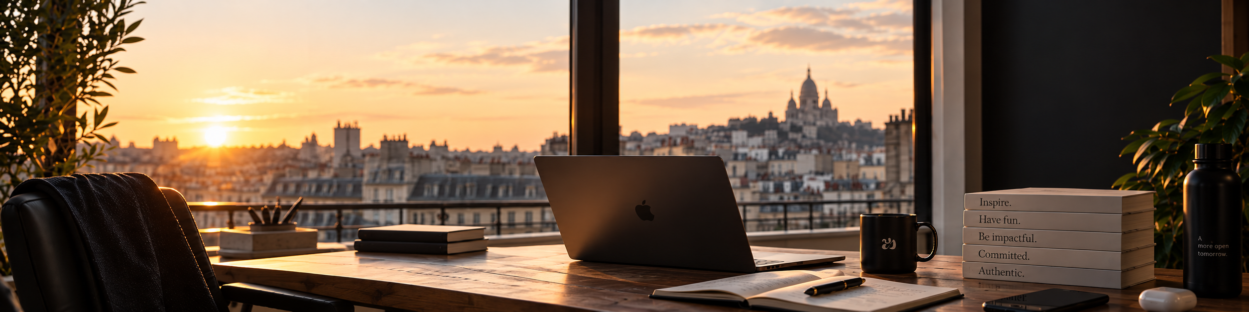A workspace overlooking Paris at sunset, with the YSAE manifesto on a stack of books.